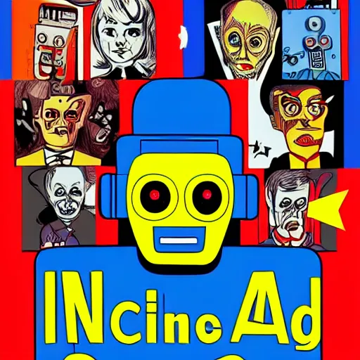 Image similar to A scary robot is chasing after a bunch of scared adults , in the style of 1960s, with fully detailed faces, fully detailed , faces in focus ,4k ,HD