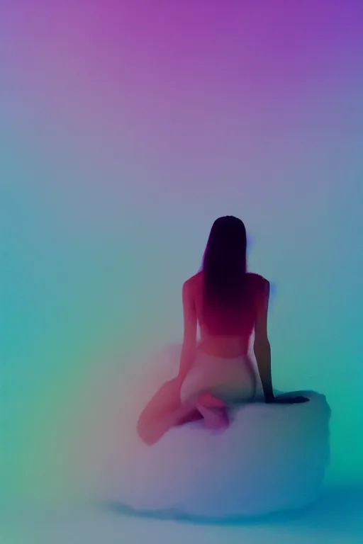 Image similar to high quality pastel coloured film photograph of a model wearing black clothing resting on cloud furniture clouds in a haze filled dreamstate world. three point light, rainbow. photographic production. art directed. pastel colours. volumetric clouds. pastel gradient overlay. waves glitch artefacts. 8 k. filmic.