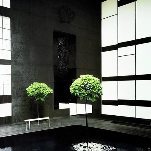 Prompt: “extravagant luxury apartment interior design, by Tadao Ando and Koichi Takada, art, black walls, plants”