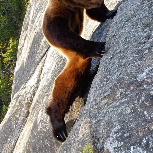 Prompt: photo of a bear rock climbing