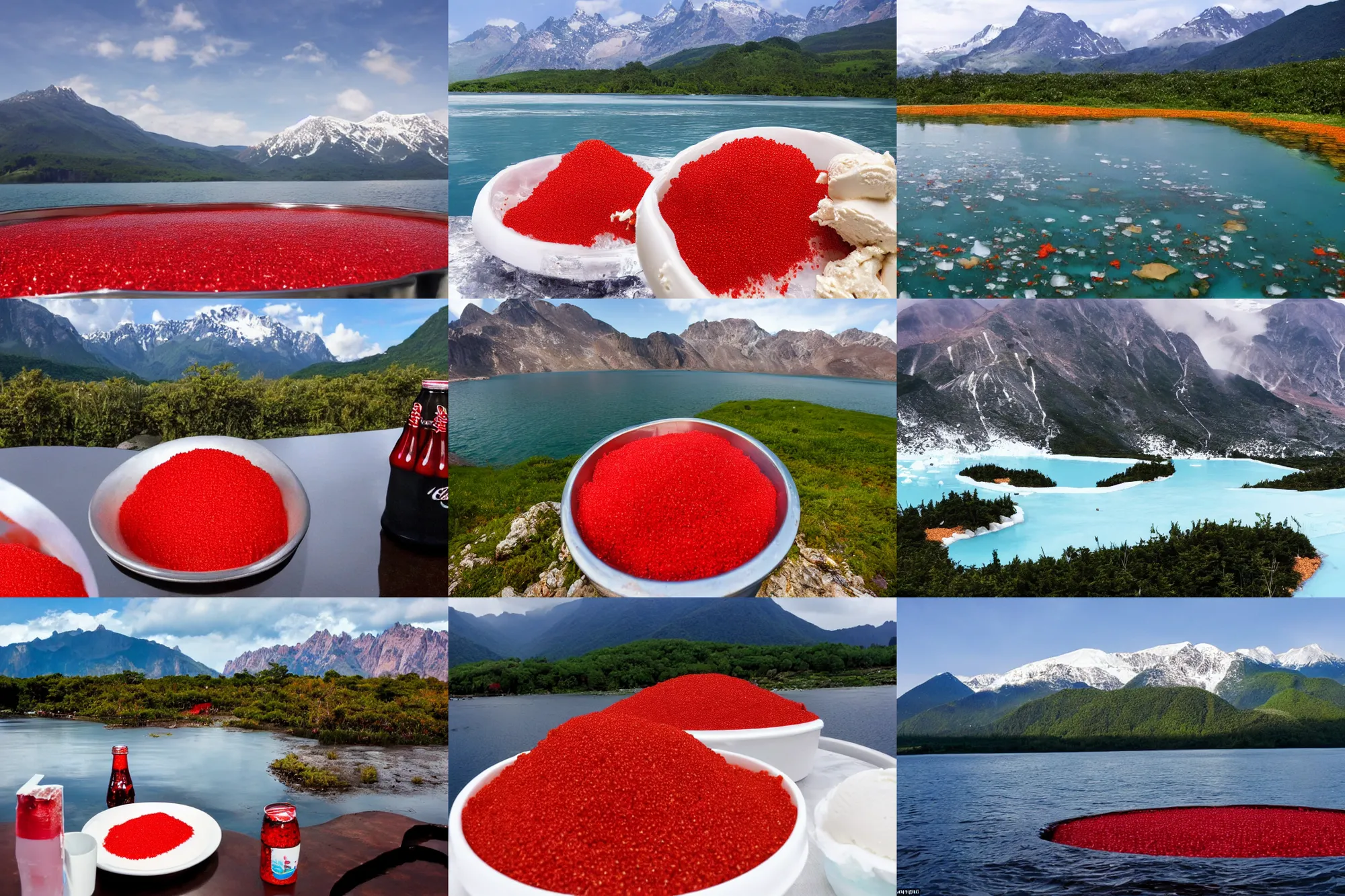 Prompt: a large island of red caviar in the center of which there are mountains with ice cream, instead of coca cola water