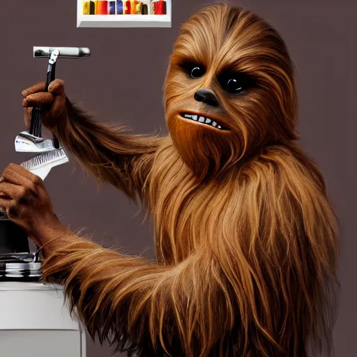 Prompt: chewbacca getting his hair cut at the barber, painting, 8k, artstation, hyperrealistic, extreme details