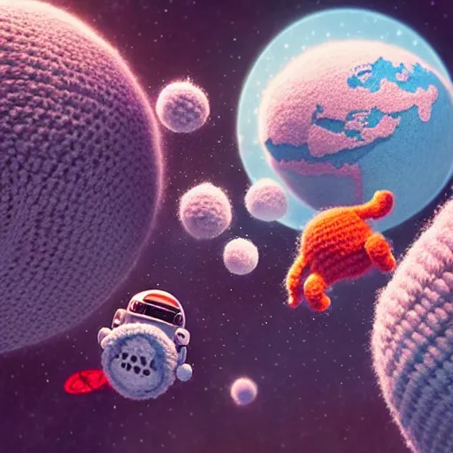 Image similar to an expedition of crochet astronauts discovering a new fluffy planet made out of yarn. cute, illustration, digital art, inspired by little big planet, by greg rutkowski, detailed, sharp, masterpiece, highly detailed, photorealistic, octane render, 8 k, unreal engine 5, trending on artstation