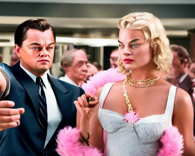 Image similar to leonardo dicaprio as the wolf of wall street next to margot robbie as naomi from the wolf of wall street, hyper realistic faces, cinematic, long shot, hyper detailed, 8 5 mm photograph, 8 k resolution, film still, sharp lens, wide lens