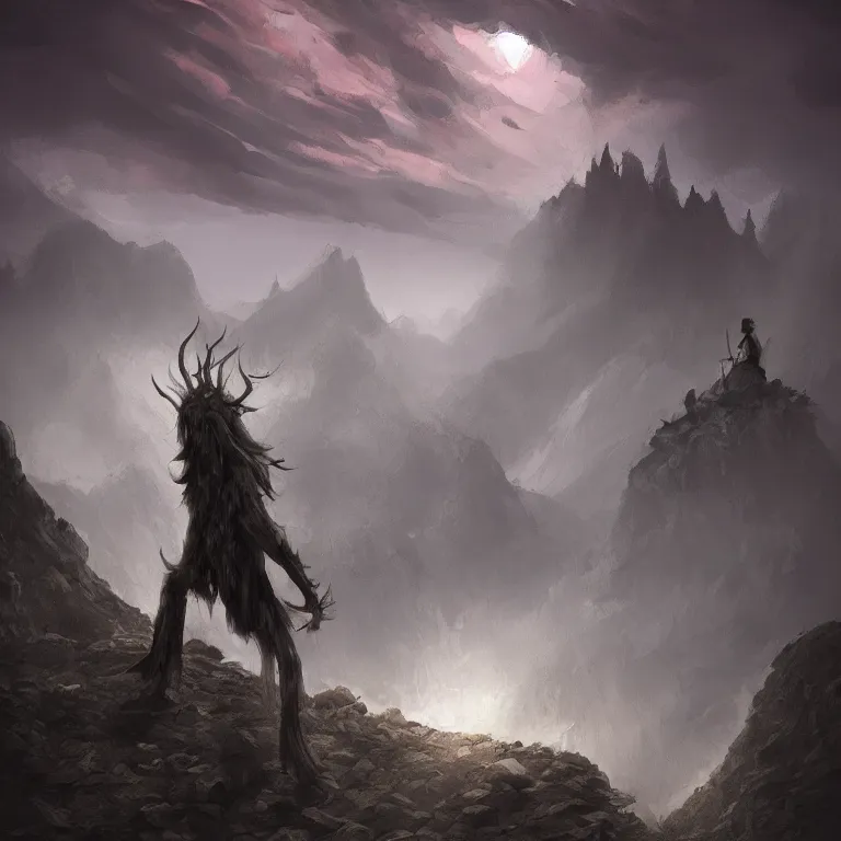 Image similar to a gigantic demon on a cobblestone hard mountain, night, scary, eerie, lighting, rim light, digital art.