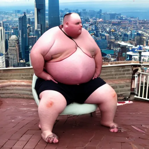 Prompt: worlds fattest man eating a whole city