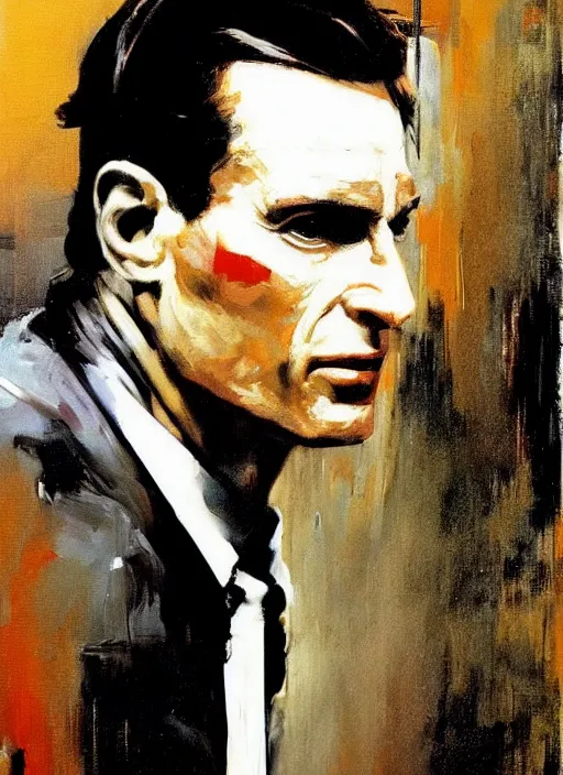 Image similar to patrick bateman, painting by phil hale, fransico goya,'action lines '!!!, graphic style, visible brushstrokes, motion blur, blurry, visible paint texture, crisp hd image