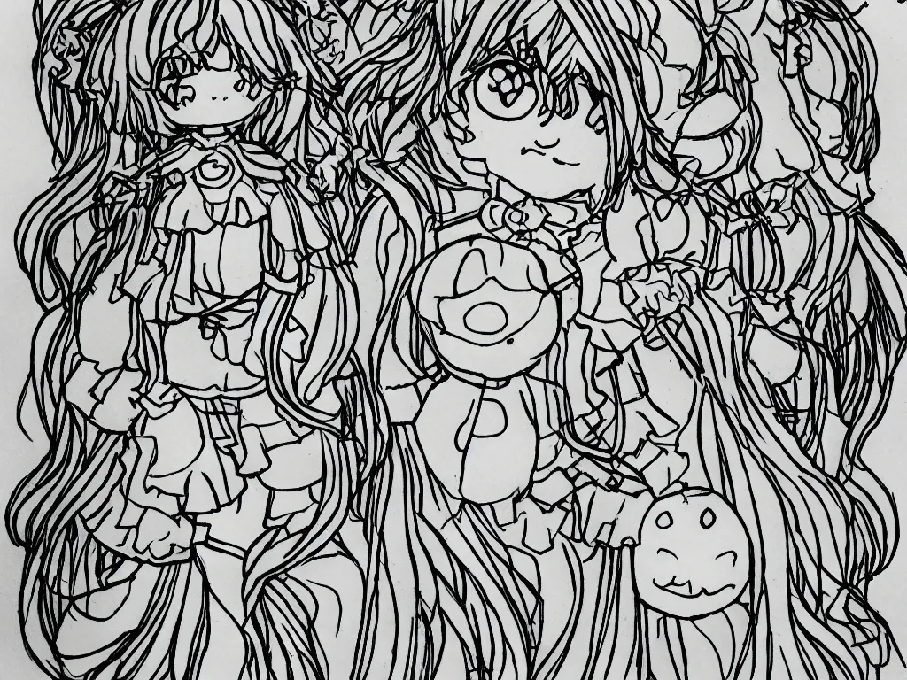 Image similar to color pen plotter outline drawing of a cute fumo plush girl, cursed enigmatic gothic maiden