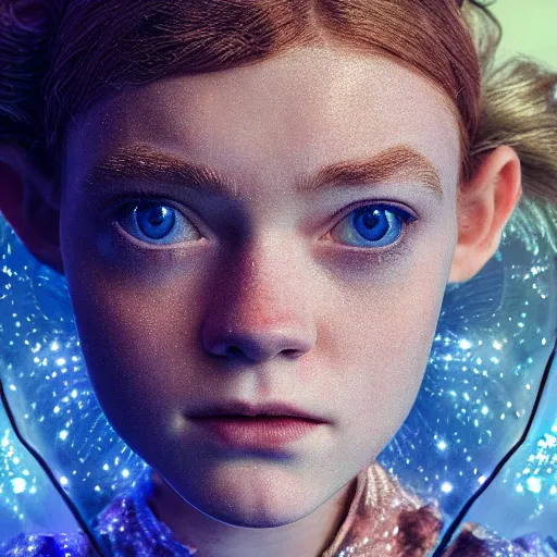 Image similar to beautiful centered Fine art photo portrait of intrigued Sadie Sink as a solarpunk robotic humanoid, white mechanical parts with led lights, photorealistic, white background, highly detailed and intricate, sunset lighting, HDR 8k