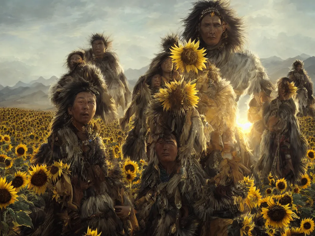 Prompt: a fancy portrait of the mighty sunflower people, a powerful nomadic mongolian tribe of giant humans that follows the sun in a vast barren valley where helianthus grow, by Greg Rutkowski, Sung Choi, Mitchell Mohrhauser, Maciej Kuciara, Johnson Ting, Maxim Verehin, Peter Konig, Bloodborne, macro lens, 35mm, 8k photorealistic, cinematic lighting, HD, high details, atmospheric