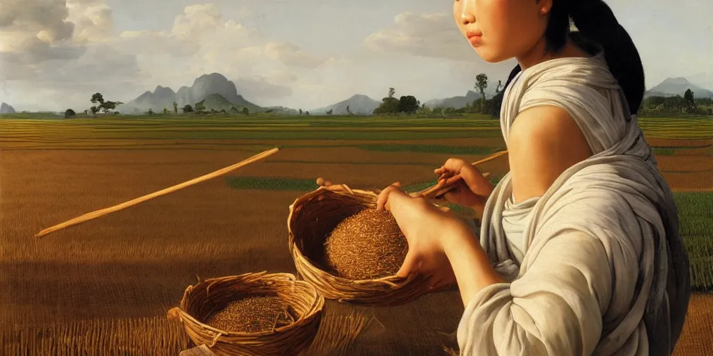 Image similar to beautiful oil matte portrait painting, vietnamese woman of an elevated rice field tending to her work, wonderful masterpiece highly detailed, beautiful cinematic light deep focus, elegant, digital painting, smooth, sharp focus, golden ratio, dramatic illumination, ultra realistic, 8 k, art by artemisia lomi gentileschi and caravaggio