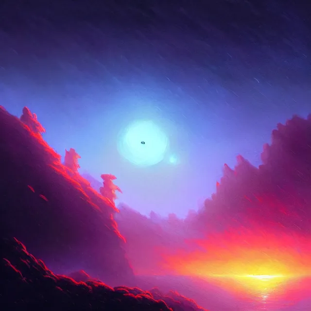 Prompt: very closeup view of the human eye, volumetric lighting, colorful, sharp and focus, ultra detailed, beautifully lit landscape, astrophotography, in the art style of dan mumford, ivan aivazovsky and marc simonetti