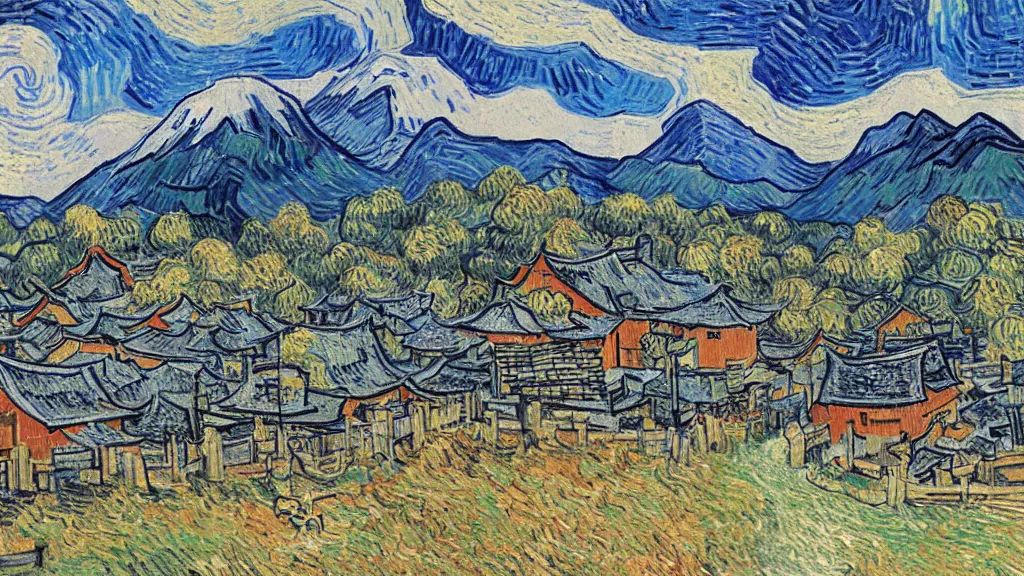 Prompt: Japanese village in the mountains painted by Van Gogh