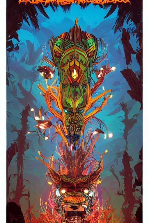 Image similar to totem animal tribal chaman vodoo mask feather gemstone plant wood rock video game illustration vivid color borderlands by josan gonzales and dan mumford radiating a glowing aura global illumination ray tracing