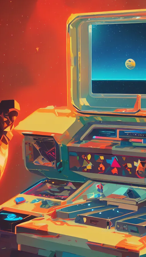 Prompt: arcade cabinet in space, sharp focus, james gilleard, cinematic, game art, extremely detailed digital painting, print