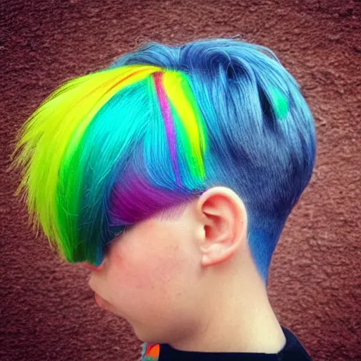 Prompt: a little bird, edgar haircut, rainbow colored hair