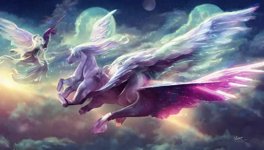 Prompt: a talbot solara with unicorn wings soaring, in the celestial sky, dreamy,, perfect, aura of light,, insanely detailed, artstation