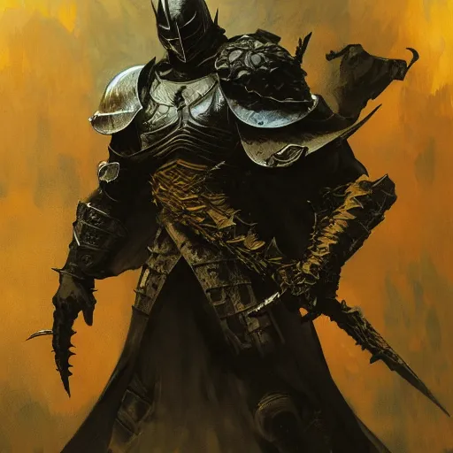 Image similar to The Dark Souls Knight, full body artwork by Craig Mullins, Simon Bisley, Gregory Manchess, Fernanda Suarez, Artem Demura, Alphonse Mucha, Donato Giancola, Jason Felix, Steve Argyle, Tyler Jacobson, Peter Mohrbacher, digital art, trending on artstation