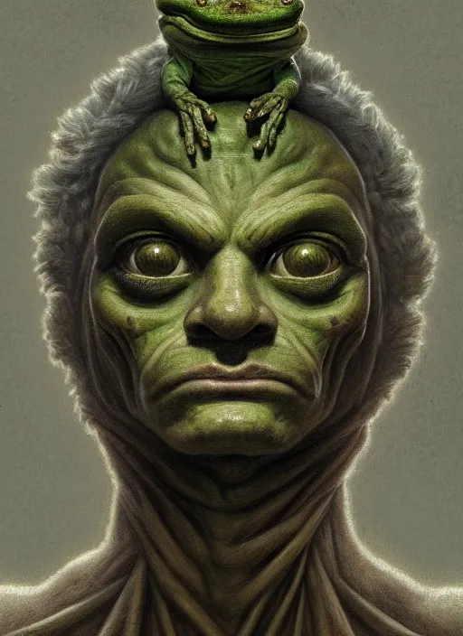 Image similar to 4 chan pepe, ancient god kek, sad, portrait, intricate, elegant, highly detailed, digital painting, artstation, concept art, wallpaper, smooth, sharp focus, illustration, art by h. r. giger and artgerm and greg rutkowski and alphonse mucha