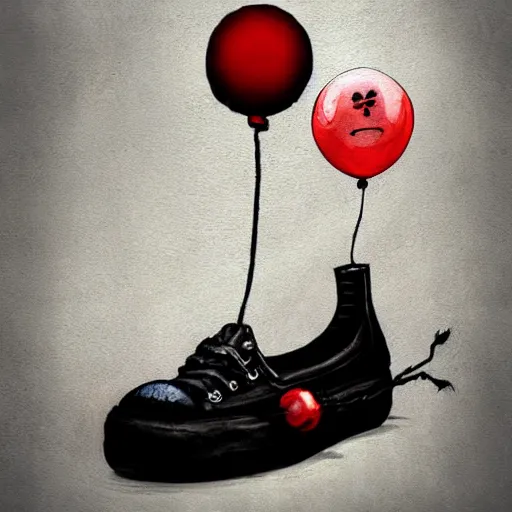 Prompt: grunge painting of a shoe with a wide smile and a red balloon by tim burton, loony toons style, pennywise style, corpse bride style, rick and morty style, creepy lighting, horror theme, detailed, elegant, intricate, conceptual