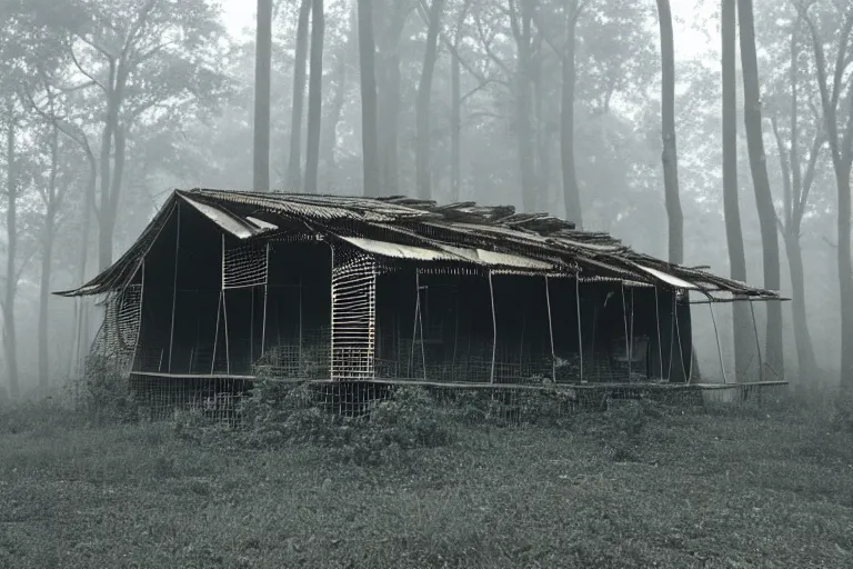 Image similar to a vintage photo of a steel-plated multi-story ramshackle hut in the forest, foggy