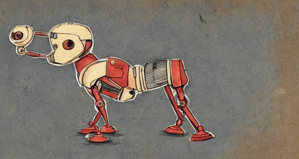 Image similar to a cute retro robot dog. alcohol inks on parchment, muted colors, detailed, textured parchment background, 1 9 5 0 s concept art