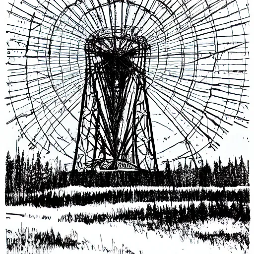 Image similar to ultra precise, asymmetric fineliner drawing of an abandoned duga radar array in ukraine, three colour ink marker pen on rainbow spattered glossy paper. bold lines, gallery quality, photorealistic, very detailed, 8 k