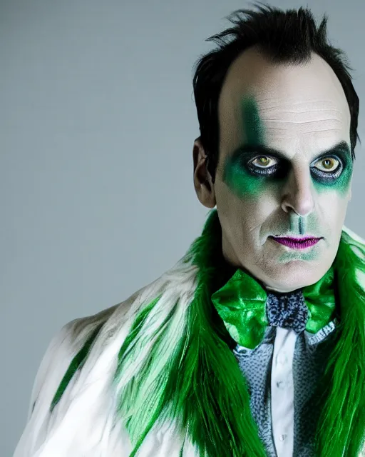 Image similar to Will Arnett as Beetlejuice, white makeup, green hair, cinematic lighting, 4k photograph