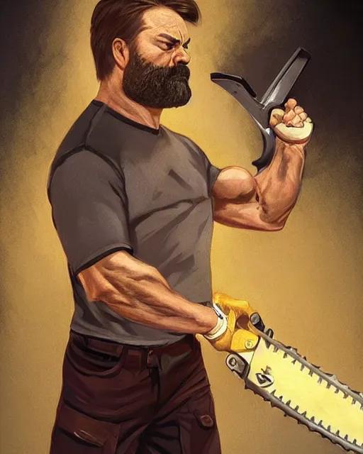 Image similar to gigachad ron swanson bodybuilder holding a chainsaw in final fight kitchen by ilya kuvshinov, ernest khalimov body by krista sudmalis, fantasy character portrait, ultra realistic, concept art, intricate details, elegent, digital painting, smooth, sharp focus, illustration, art by artgerm and greg rutkowski and alphonse mucha, artstation