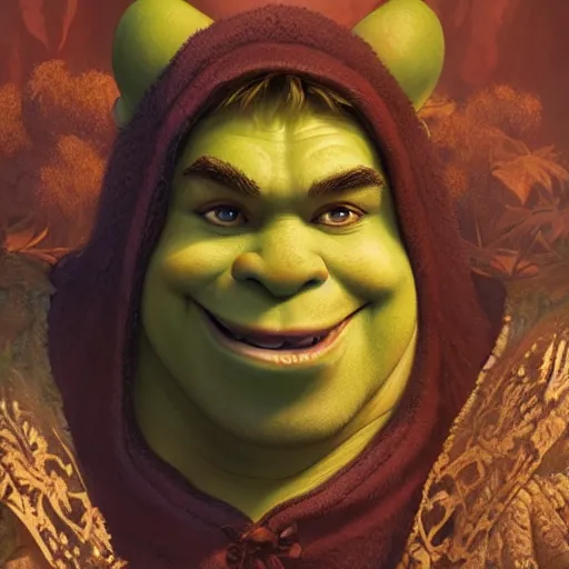 Prompt: Shrek de Rivia closeup, D&D, fantasy, intricate, elegant, highly detailed, digital painting, artstation, concept art, matte, sharp focus, illustration, hearthstone, art by Artgerm and Greg Rutkowski and Alphonse Mucha