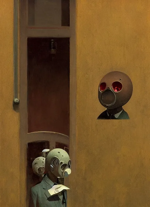 Prompt: spherical people gas masks at flooded restaurant Edward Hopper and James Gilleard, Zdzislaw Beksinski highly detailed