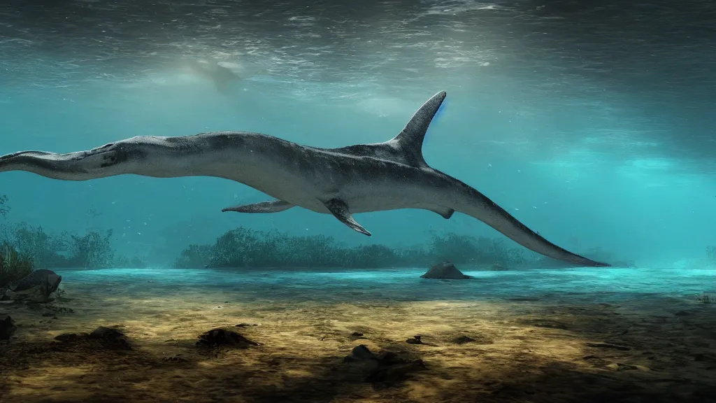 Prompt: underwater photo of a plesiosaur, murky water, hyperrealistic, Cryengine 8k UHD