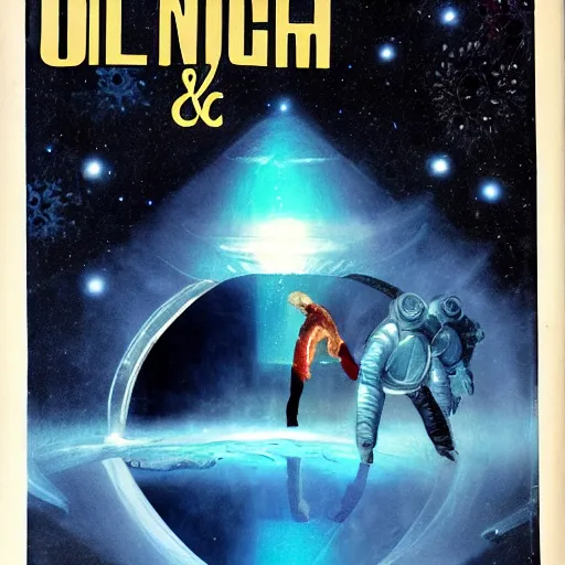 Image similar to vintage scifi novel cover. Ice. Snow. Black hole. In the style of Omni magazine.