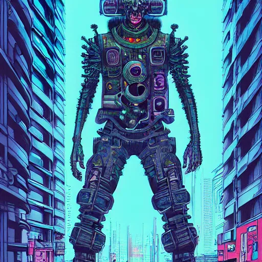 Prompt: A cyberpunk chthonic techno monster cyborg on the street of a cyberpunk city art by Josan Gonzalez, sci-fi, highly detailed, digital painting, artstation, smooth, sharp focus, illustration, concept art by Josan Gonzalez and James Gurney and Mœbius