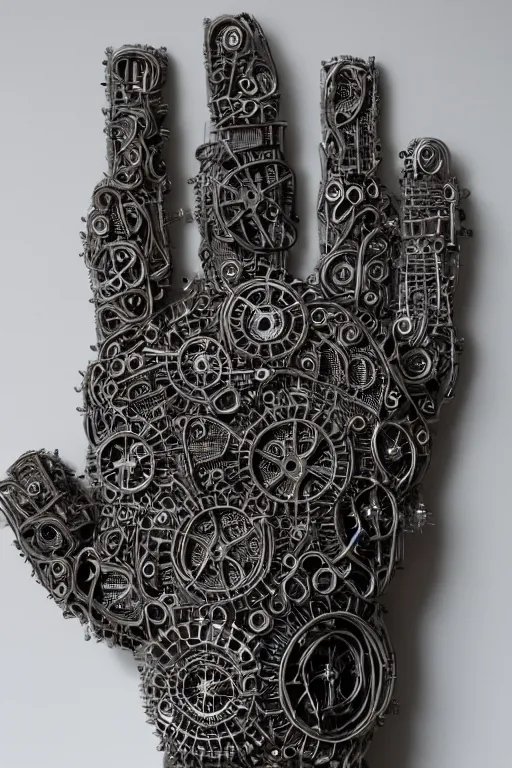 Image similar to cybernetic robotic hand made of intricate gears, wires and ceramics, engraved with sanskrit writing