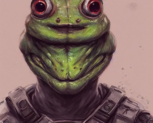 Image similar to portrait of a doomguy as a frog, fantasy, hd shot, digital portrait, beautiful, artstation, comic style, by artgerm, guy denning, jakub rozalski, magali villeneuve and charlie bowater