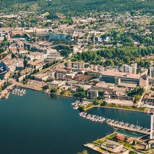 Prompt: bird's eye view photography of a small city. town hall, central farm, dock. hills, woods, and lake to the north.