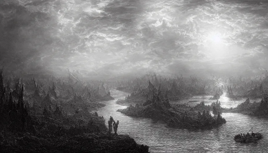 Image similar to bloody river in hell, by Gustave Dore, people walking into the horizon, red river, dragon flying in sky, trending on artstation