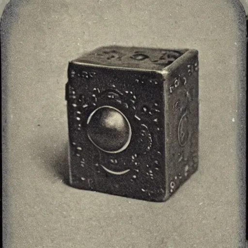 Prompt: 1 8 8 5 photo of a riveted companion!! cube!! from portal 2, daguerrotype, high quality