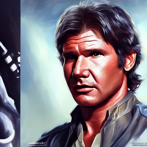 Image similar to harrison ford, han solo chest down, oil painting, artgerm, portrait, highly detailed, artstation