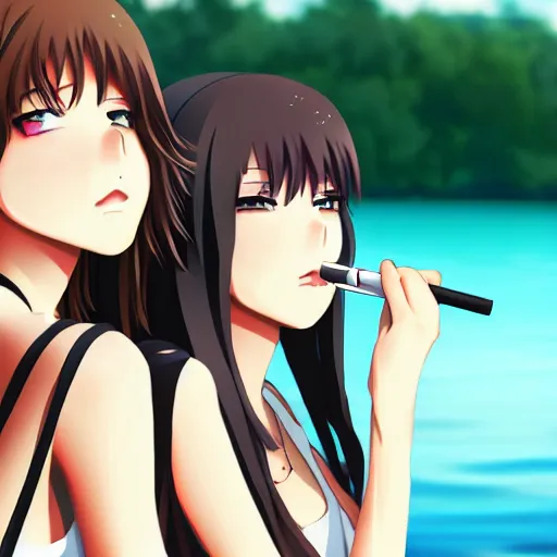 Image similar to two beautiful lesbian girls in love, smoking a hemp cigarette with smoke, sitting in front of a lake, in the style of anime, close - up, pixiv, intricate, elegant, highly detailed, lush, stylized, japanese, smooth