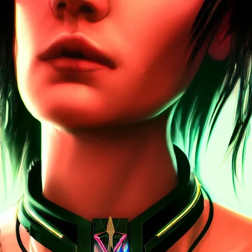 Prompt: female V from Cyberpunk 2077 wearing spiked black collar around neck, realistic, art, beautiful, 4K, HD, collar, choker, collar, choker, punk, artstation, wallpaper,