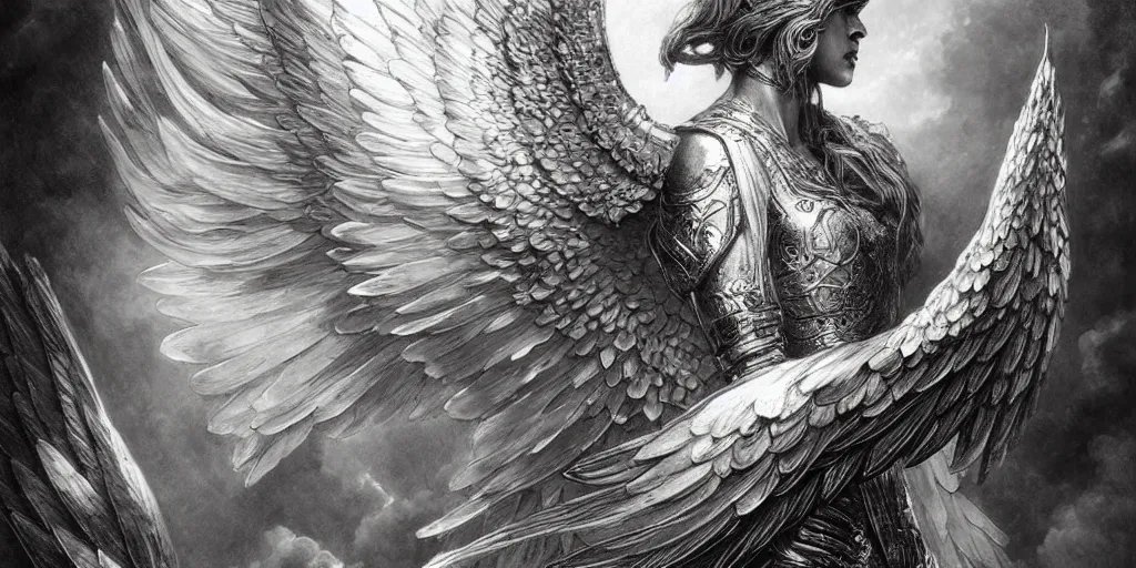 Image similar to immortal archangel wings, elegant beautiful white feathers, engraving, concept art, elden ring, illustration, smooth, sharp focus, by gustave dore and greg rutkowski, hyper realistic, ephemeral, fantasy art, in the style of midjourney, intricate, alphonse mucha, hyper detailed