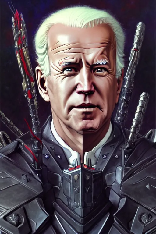 Image similar to portrait of joe biden goth cyborg with white hair in warhammer armor, art by kuvshinov ilya and wayne barlowe and gustav klimt and artgerm and wlop and william - adolphe bouguereau