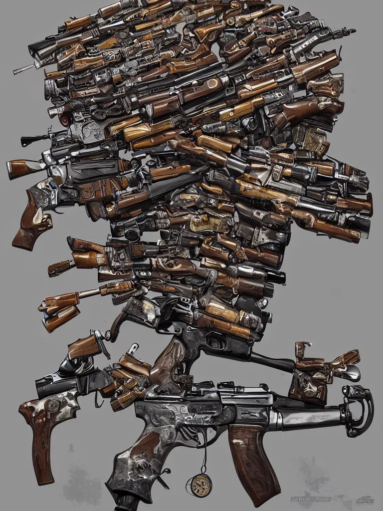 Image similar to head made of firearms rifles shotguns revolvers and bullets, ultrarealistic, intricate details, 4k, concept art, digital painting