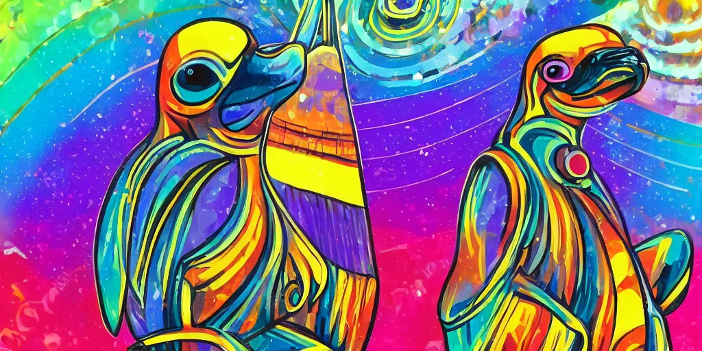 Image similar to a psychedelic surfing penguin, art station, art deco