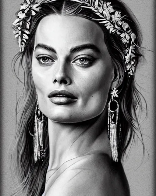 Image similar to realism tattoo sketch of margot robbie as a beautiful greek goddess aphrodite with piercing eyes wearing a laurel wreath and triangle earrings, in the style of greg rutkowski, amazing detail