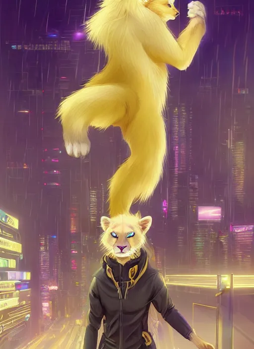 Image similar to award winning beautiful portrait commission of a male furry anthro albino mountain lion fursona with a tail and a cute beautiful attractive detailed furry face wearing stylish cyberpunk clothes in a cyberpunk city at night while it rains. Yellow and Purple. Character design by charlie bowater, ross tran, artgerm, and makoto shinkai, detailed, inked, western comic book art