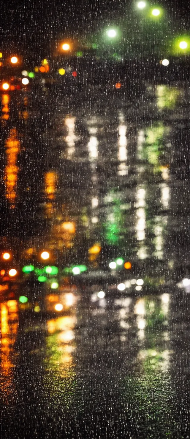 Image similar to photo, night, rain, modern street, lights, close up the fat frog on wet road