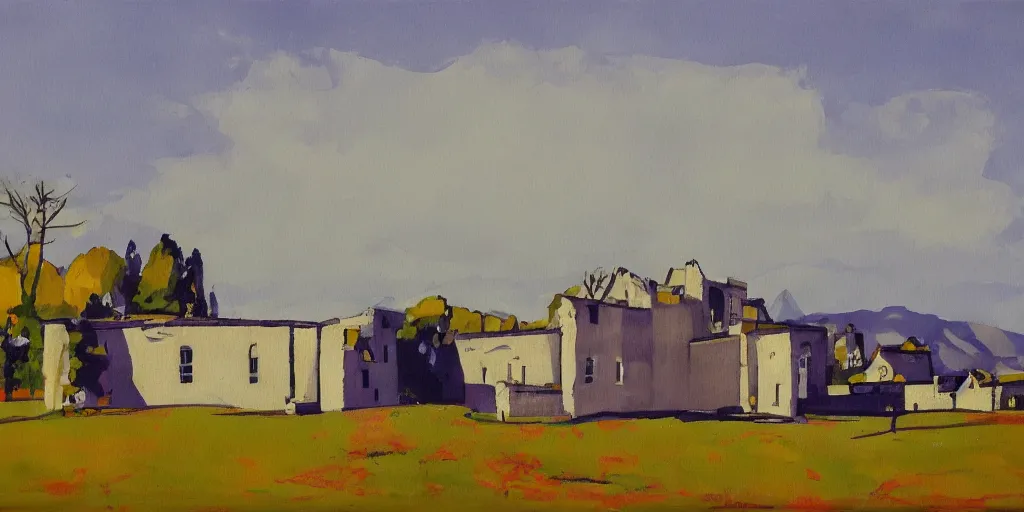 Image similar to a beautiful painting of a building in a serene landscape by Patrick Heron, Trending on artstation, very detailed